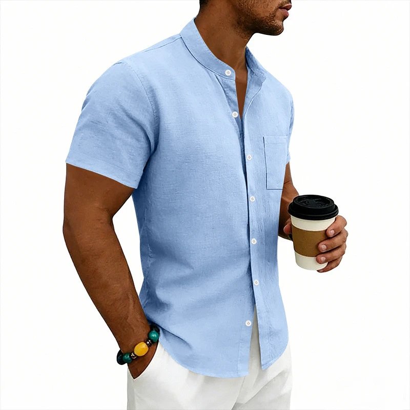 Design Mandarin Collar Short Sleeve Shirt Gray Tops Shirt - 19