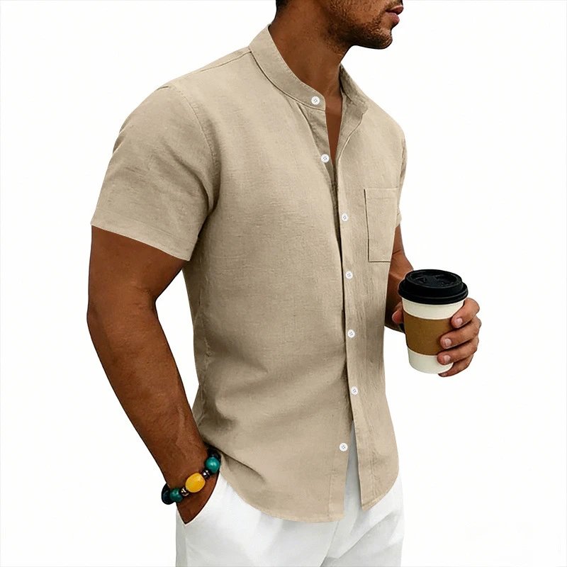Design Mandarin Collar Short Sleeve Shirt Gray Tops Shirt - 25
