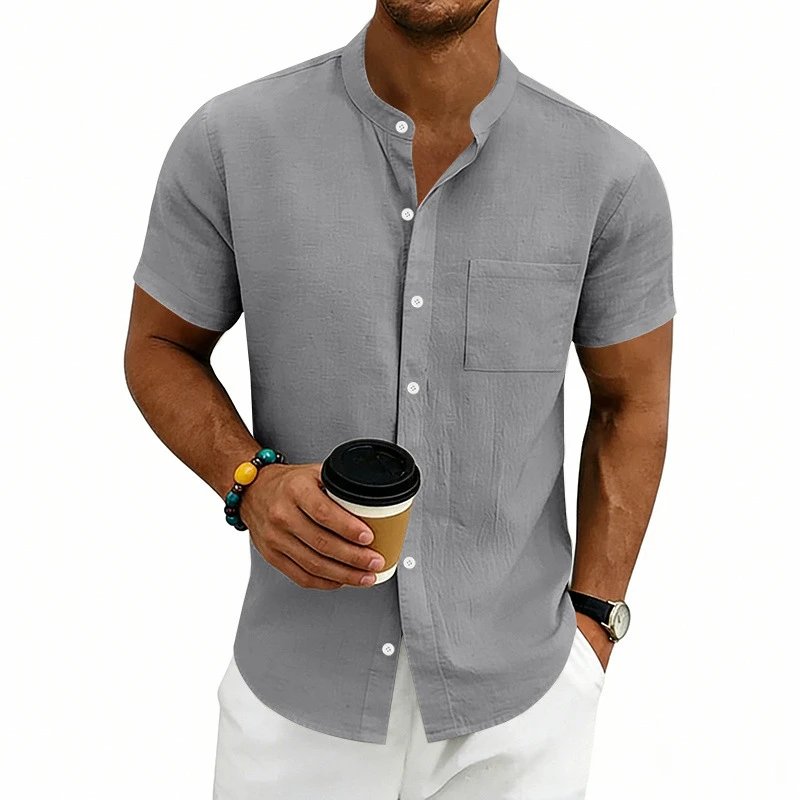 Design Mandarin Collar Short Sleeve Shirt Gray Tops Shirt - 40