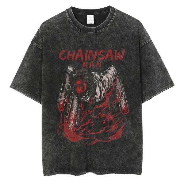 Design Chainsaw Man Distressed Graphic T-Shirt Black - 1