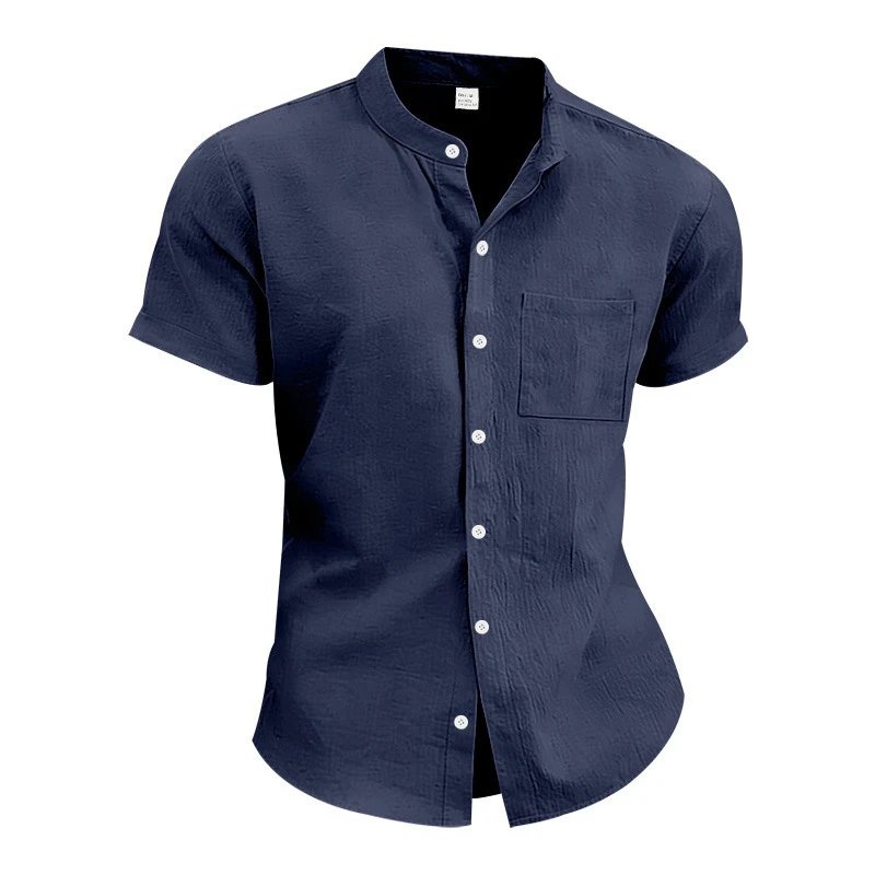 Design Mandarin Collar Short Sleeve Shirt Gray Tops Shirt - 48