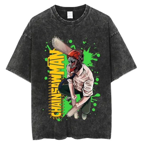 Design Chainsaw Man Graphic Acid Wash T-Shirt - 1