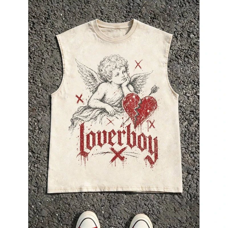 Loverboy Graphic Sleeveless Tank Top Beige Vest Top
