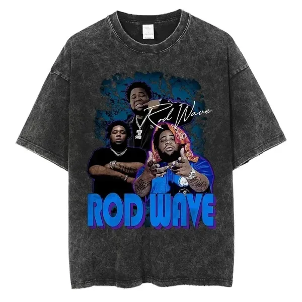 Design Rod Wave Graphic Print Acid Wash T-Shirt T-Shirts - 1