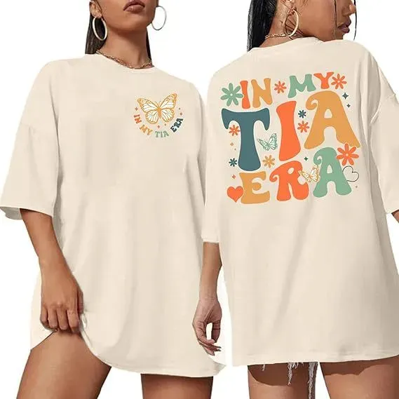 Design 'In My Tia Era' Graphic Oversized T-Shirt Beige - 1