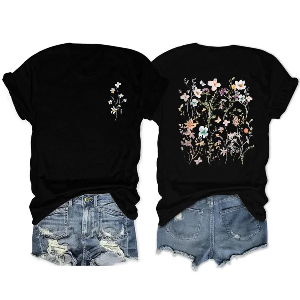 Design Floral Print Black T-Shirt with Mini and Full Bouquet Motifs - 1