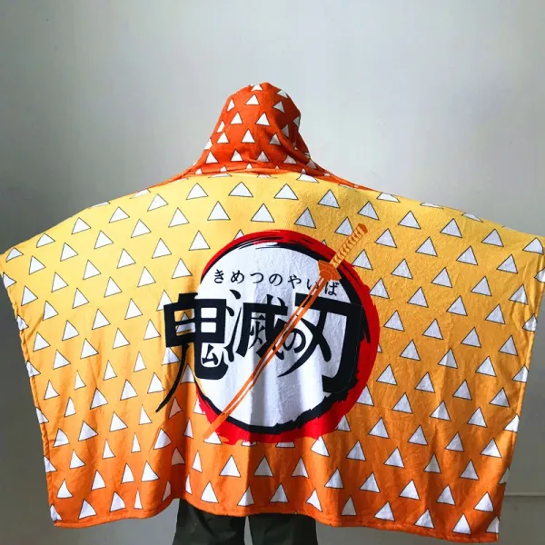 Design Hooded Towel Cape Navy Blue with Japanese Text and Geometric Print Hoodie - 6