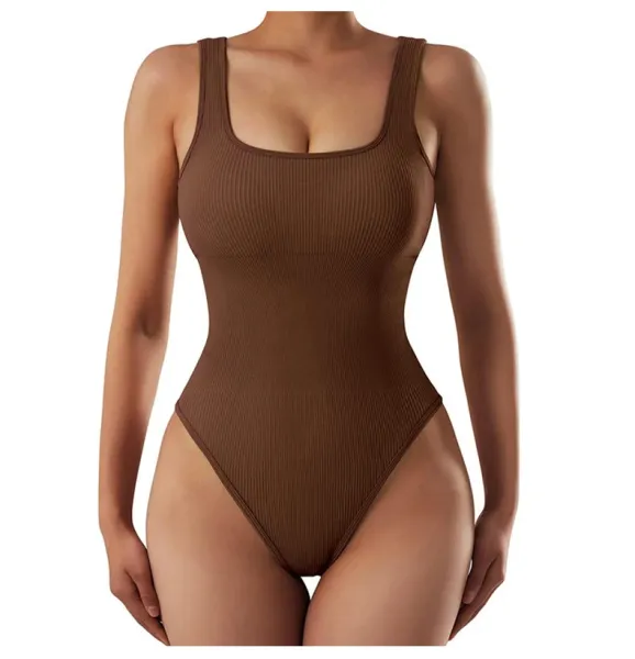 Design Xinhong Ribbed Square-Neck Bodysuit Beige Underwear - 15