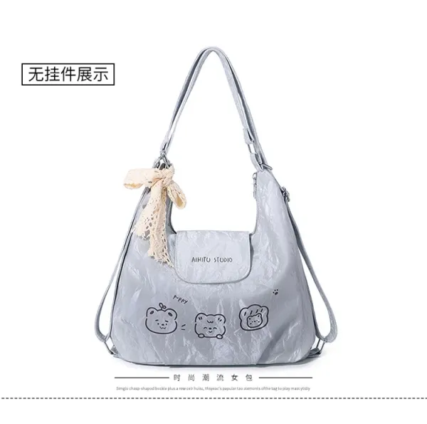 Design AIHITU STUDIO Cartoon Bear Print Silver Gray Hobo Bag - 17