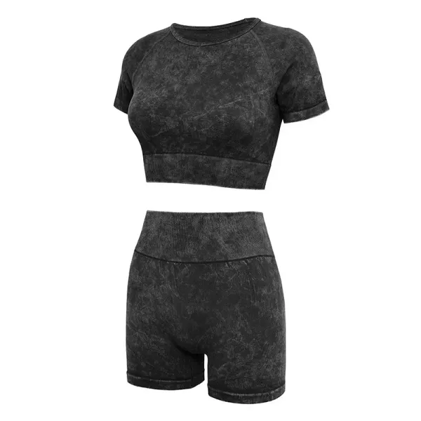 Design Acid Wash Black Crop Top and High-Waist Shorts Set - 1