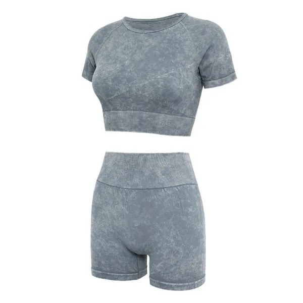 Design Acid Wash Gray Crop Top and High-Waist Shorts Set - 1
