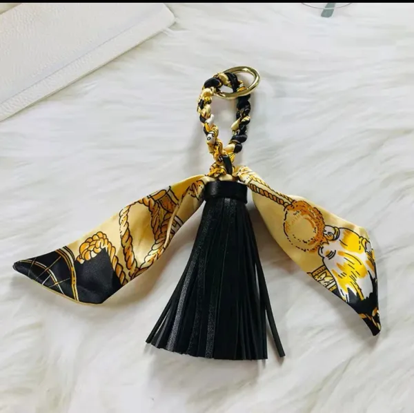 Design Silk Scarf Tassel Keychain Black Gold Multicolor Accessories - 1