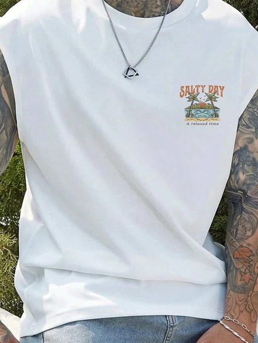 Design Salty Day Tropical Print Sleeveless Vest Yellow Vest Top - 9