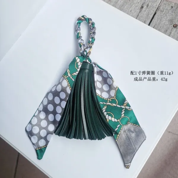 Design Silk Scarf Tassel Keychain in Green and Gray Polka Dot Pattern Accessories - 1