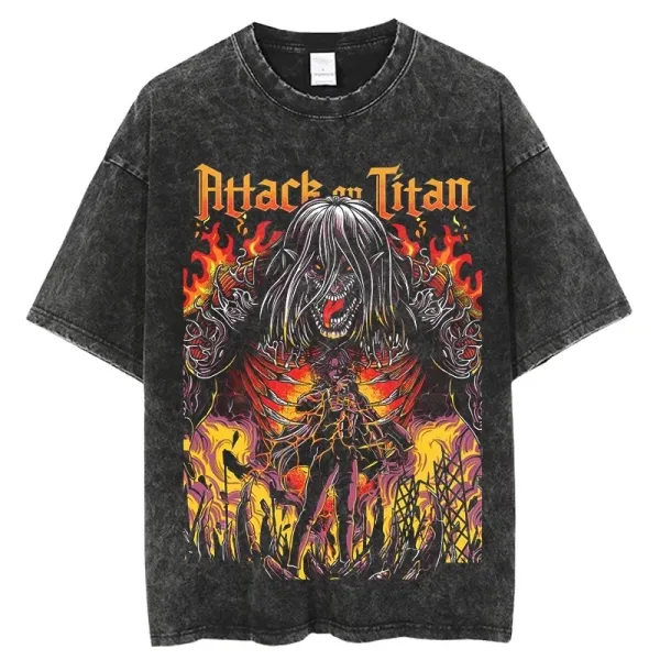 Design Attack on Titan Graphic Print Acid Wash T-Shirt T-Shirts - 1
