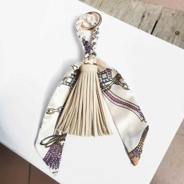 Design Silk Scarf Keychain with Leather Tassel Beige Multicolor Accessories - 1