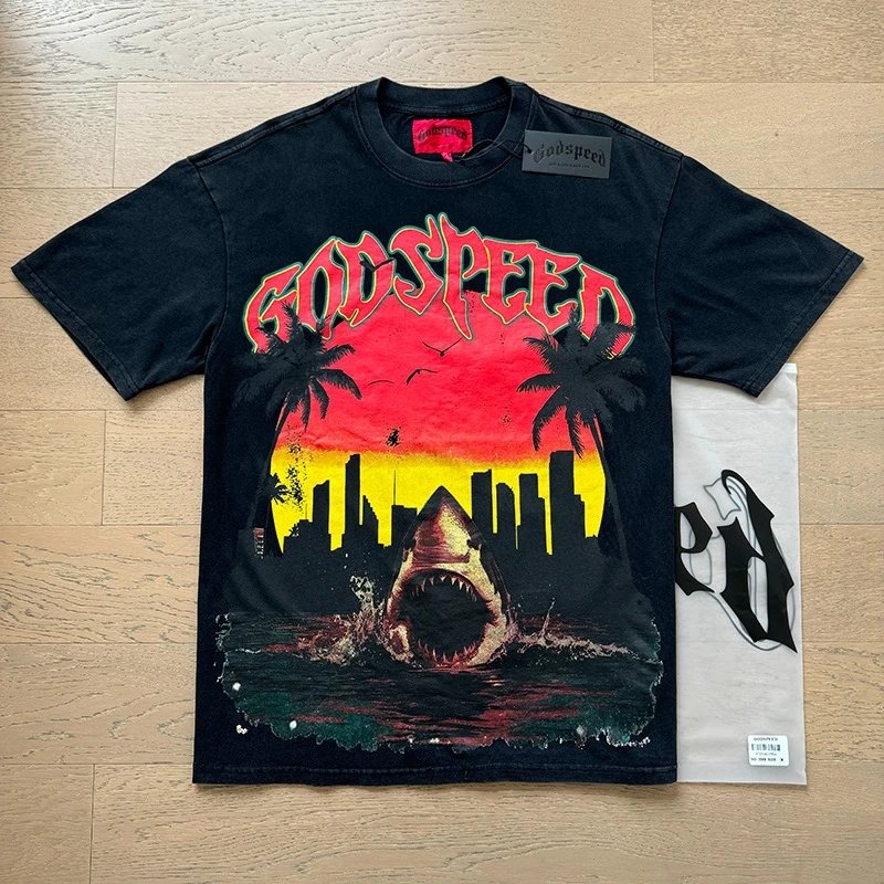 Godspeed Shark Sunset Graphic T-Shirt Black