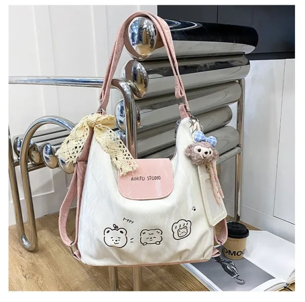 Design AIHITU STUDIO Cartoon Bear Print Silver Gray Hobo Bag - 35