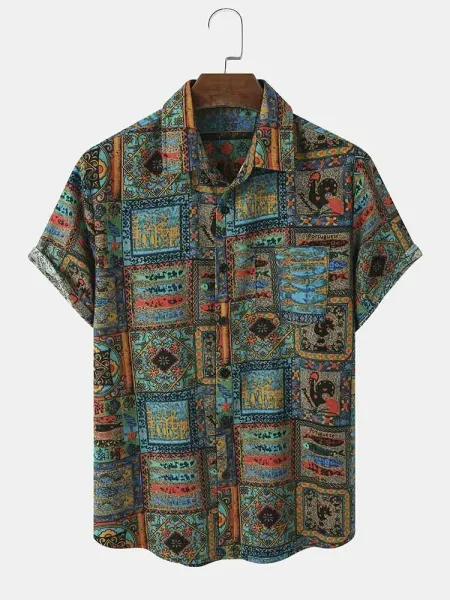 Design Patchwork Print Short-Sleeve Button-Up Shirt Tops Shirt - 2