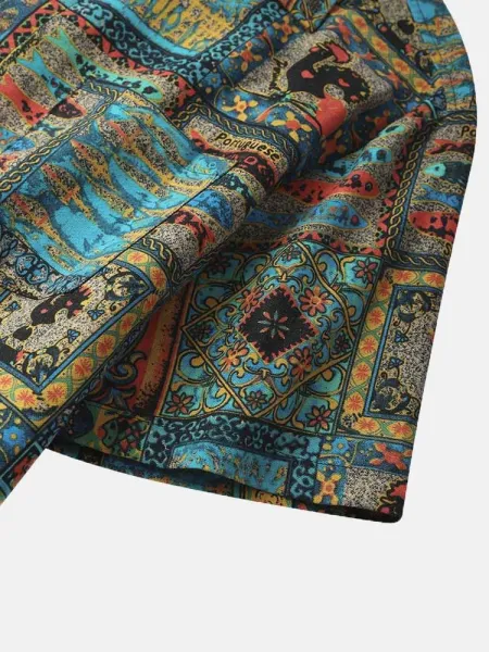 Design Patchwork Print Short-Sleeve Button-Up Shirt Tops Shirt - 7