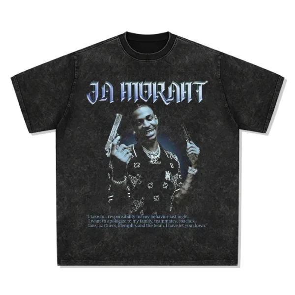 Design Ja Morant Graphic Print Acid Wash Black T-Shirt T-Shirts - 1