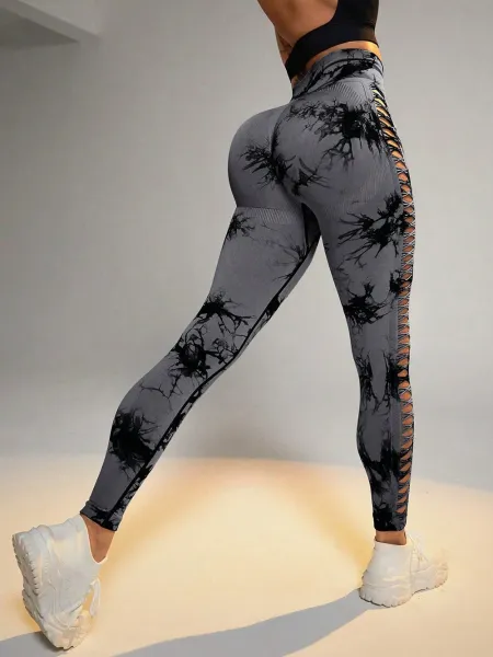Design Abstract Print Lace-Up Leggings Gray - 1