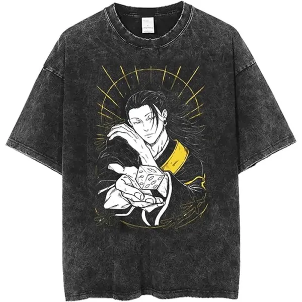 Design Anime Character Print Acid Wash Black T-Shirt - 1