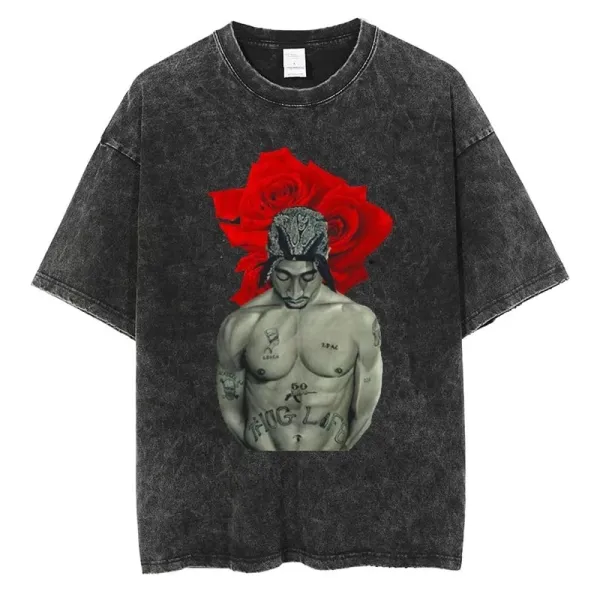 Design Tupac Rose Graphic Acid Wash T-Shirt - 1