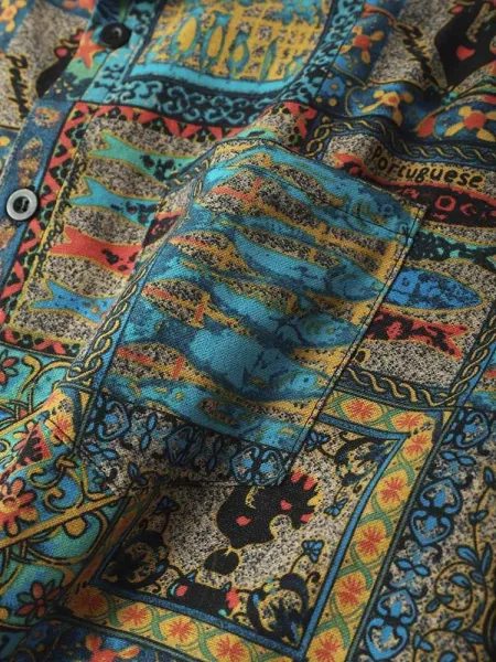 Design Patchwork Print Short-Sleeve Button-Up Shirt Tops Shirt - 5