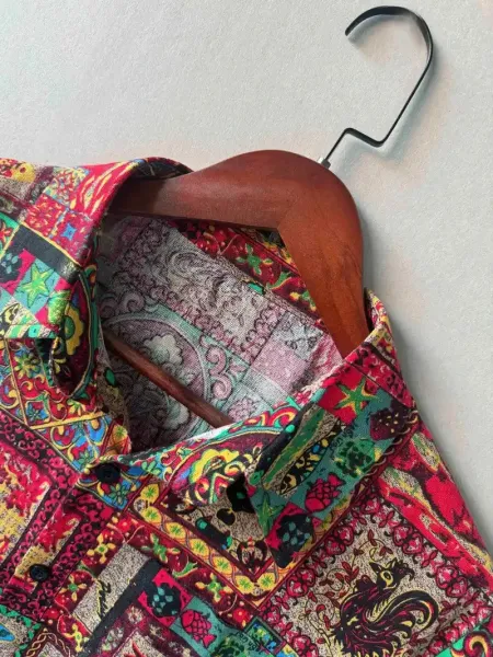 Design Patchwork Print Short-Sleeve Button-Up Shirt Tops Shirt - 10