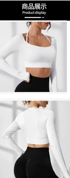 Design Black Ribbed Long Sleeve Crop Top with Crisscross Straps Activewear - 10