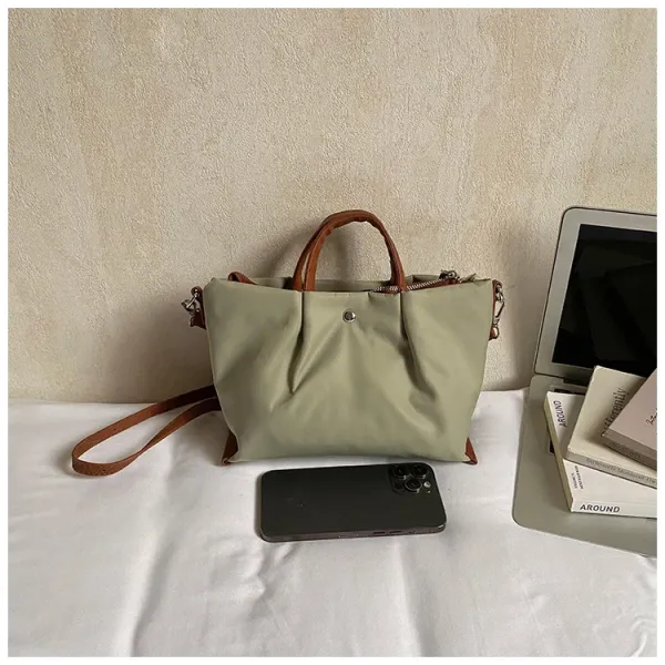 Design Tote Bag White with Brown Leather Handles - 12