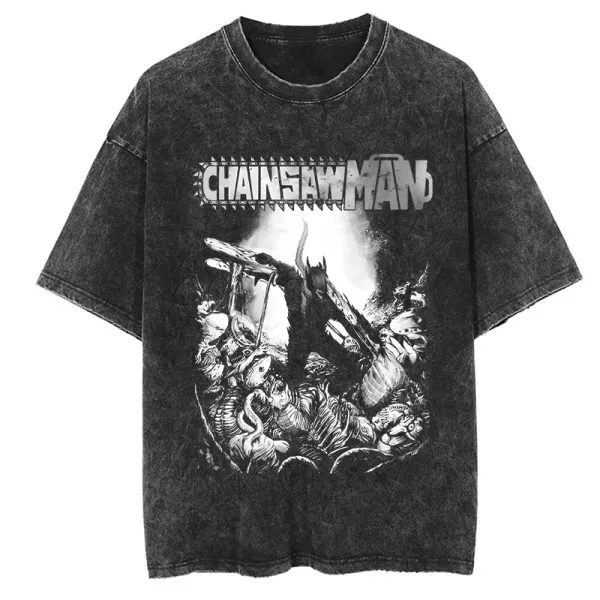 Design Chainsaw Man Graphic Acid Wash T-Shirt T-Shirts - 1
