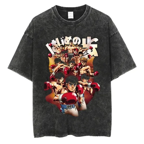 Design Hajime no Ippo Anime Graphic Oversized Washed Black T-Shirt - 1