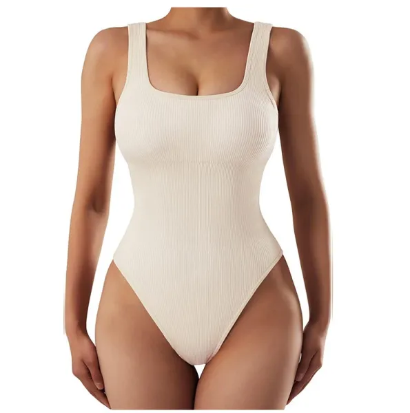 Design Xinhong Ribbed Square-Neck Bodysuit Beige Underwear - 16