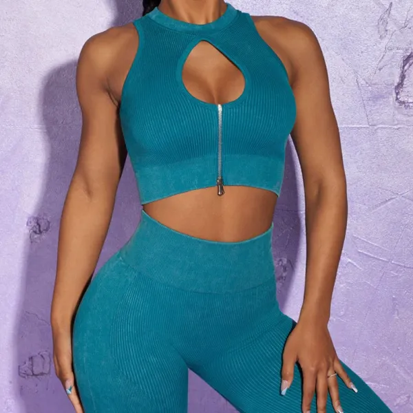 Design Ribbed Cut-Out Zip Front Crop Top and High-Waisted Leggings Set Teal - 1