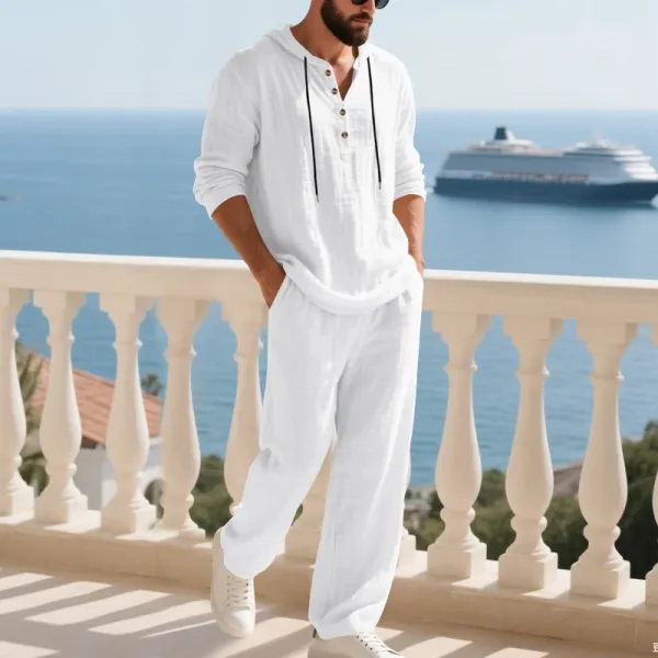 Design Linen Hooded Henley Set Beige Casual Set - 19