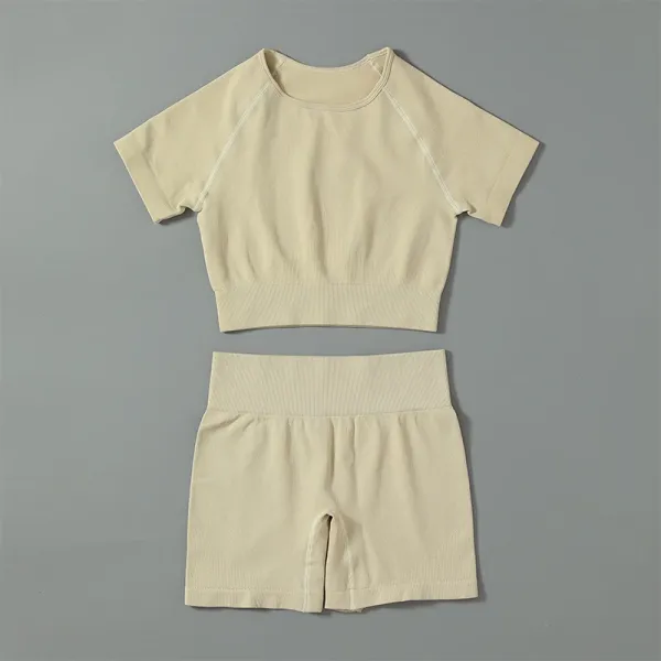 Design Cropped Sports Top and Biker Shorts Set Beige Activewear Set - 1
