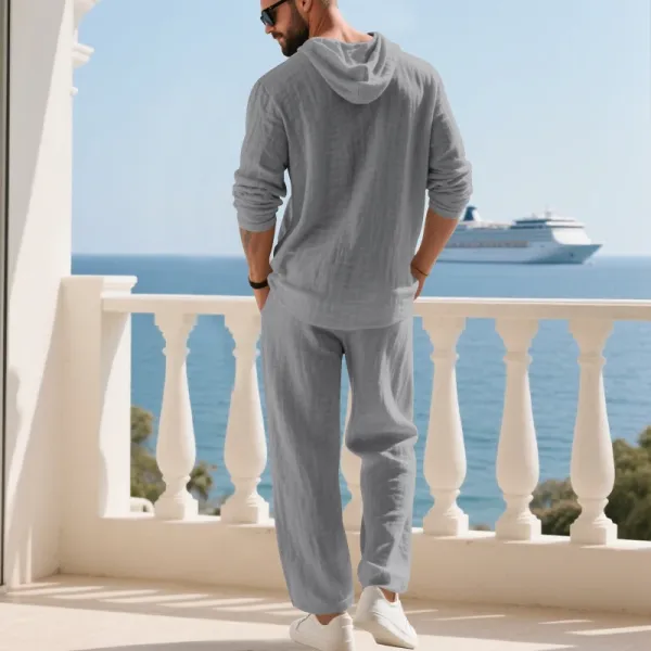 Design Linen Hooded Henley Set Beige Casual Set - 30