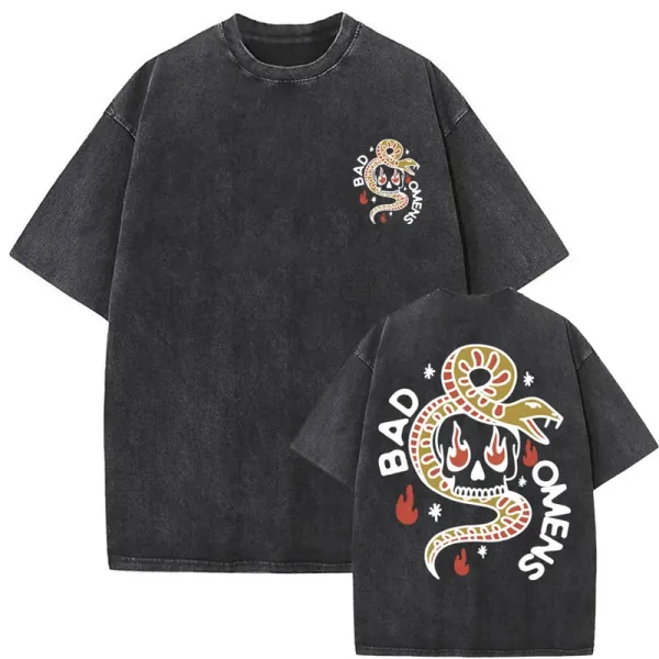 Design Bad Owens Snake Skull Graphic Washed Black T-Shirt T-Shirts - 1