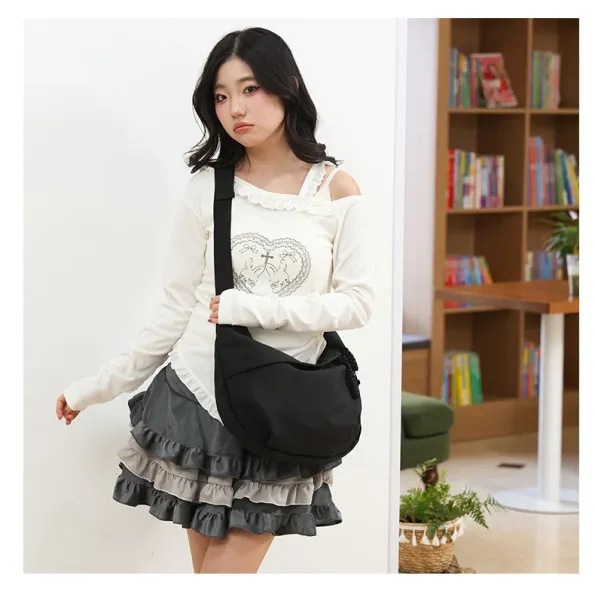 Design Canvas Hobo Bag Beige with Black Straps Shoulder Bag - 32