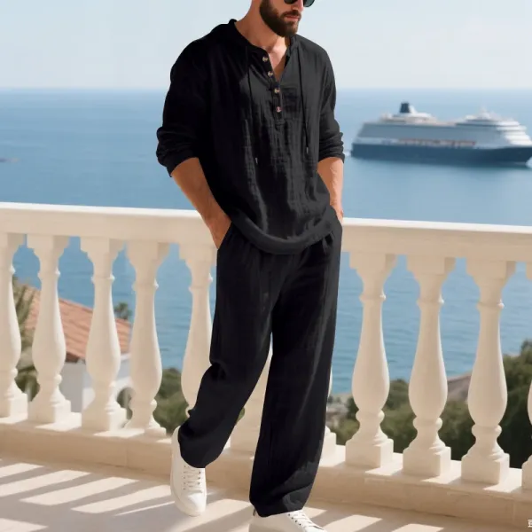 Design Linen Hooded Henley Set Beige Casual Set - 36