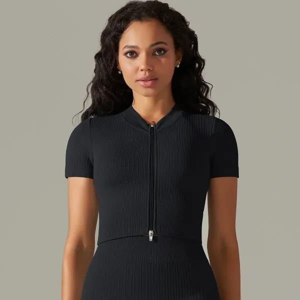 Alo Ribbed Zip-Front Crop Top Black - 1