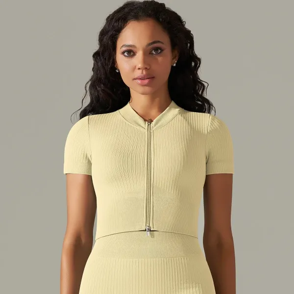 Design Ribbed Zip-Front Cropped Top in Pale Yellow Dress - 1