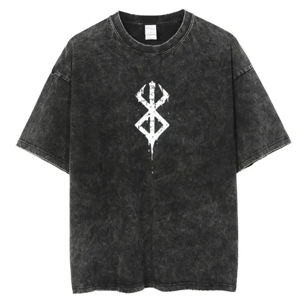 Design Acid Wash Black T-Shirt with White Rune Graphic - 1