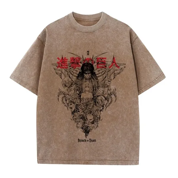 Design Attack on Titan Graphic Print Washed Brown T-Shirt T-Shirts - 1