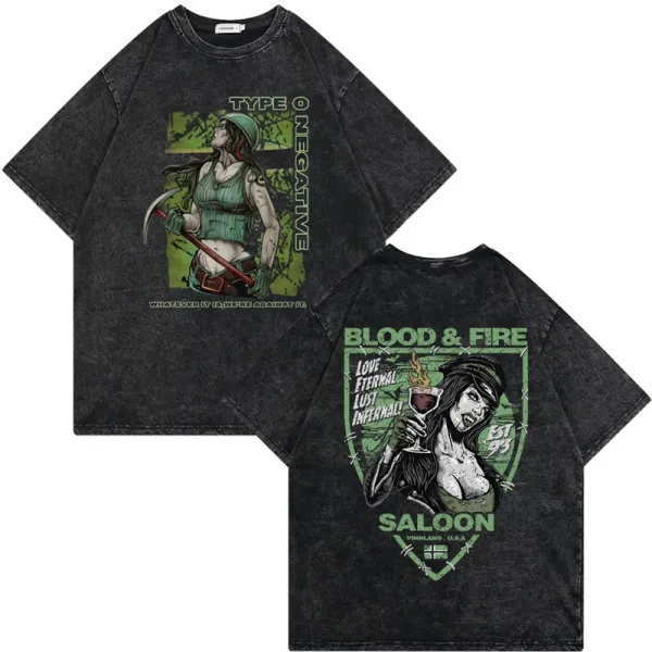 Design Blood & Fire Type O Negative Graphic Oversized Washed Black T-Shirt - 1