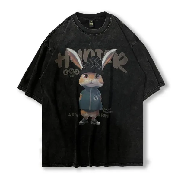 Design Hunter Rabbit Graphic Oversized Washed Black T-Shirt - 1
