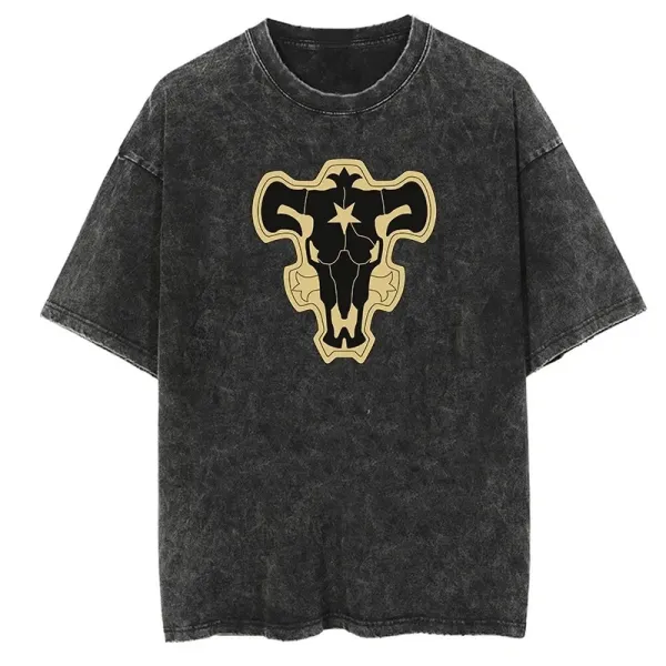 Design Black Acid Wash Bull Skull Graphic T-Shirt T-Shirts - 1