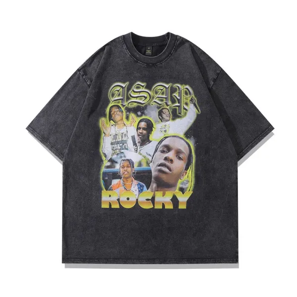 Design ASAP Rocky Graphic Print Acid Wash Black T-Shirt T-Shirts - 1